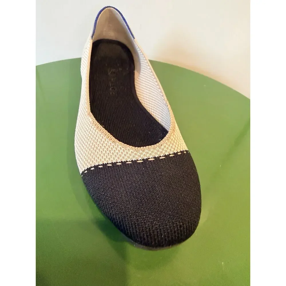 Rothy’s The Square In Tuxedo Size 8 Cream Black Knit Cap Toe Ballet Flats EUC